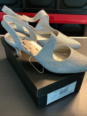 Women's Silver Pointed Toe Slingback Heels with Sparkle